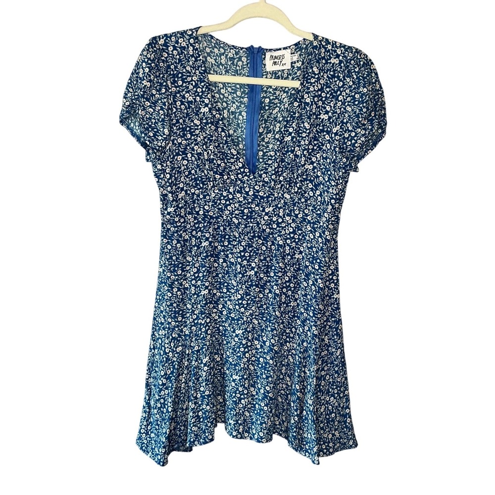 Princess Polly Blue Floral V-Neck Mini Dress Short Sleeve Size US 6